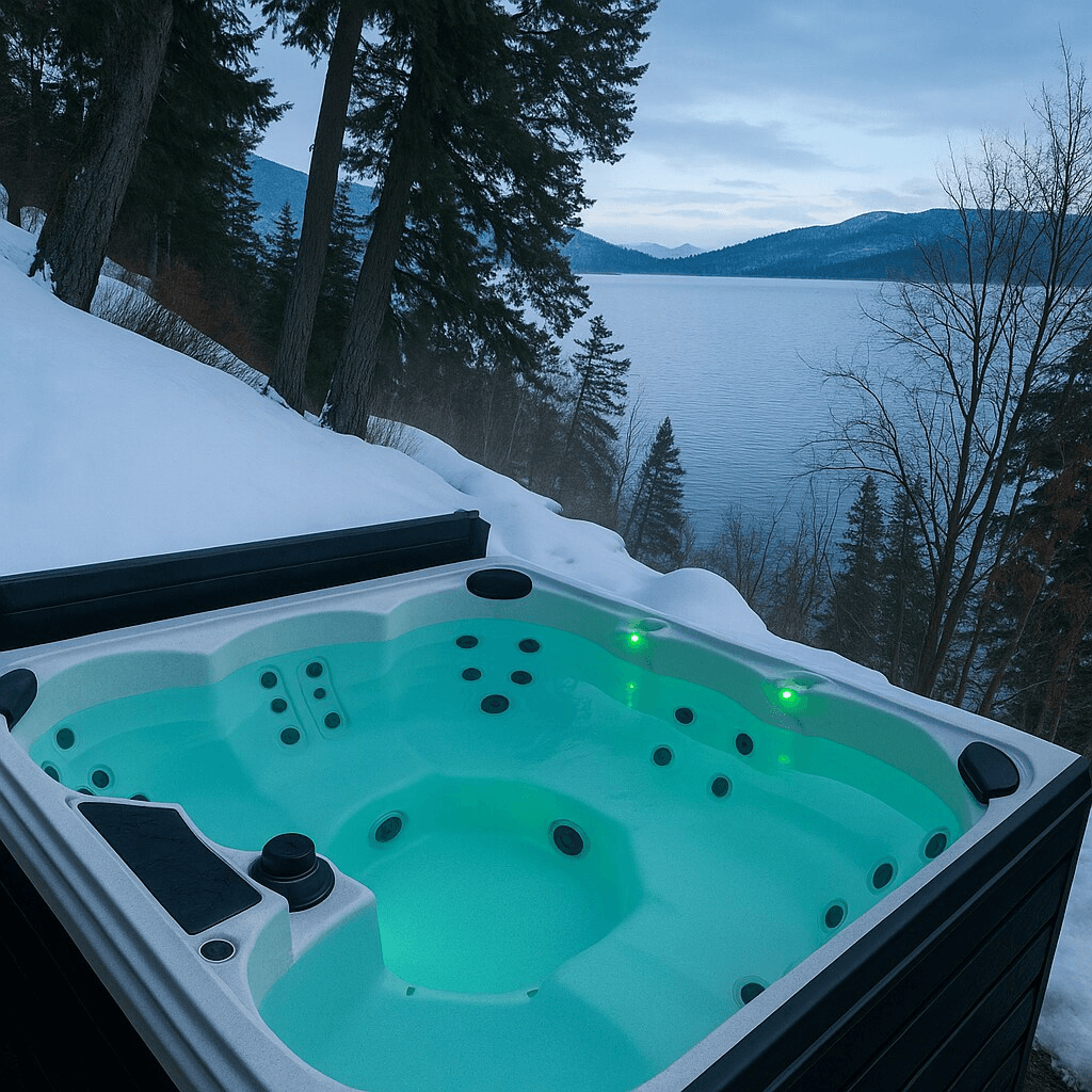 Soak up the serenity in your private hot tub with breathtaking lake views and a snowy mountain backdrop. Perfect for unwinding after a day of adventure. Your cozy winter escape awaits! ❄️